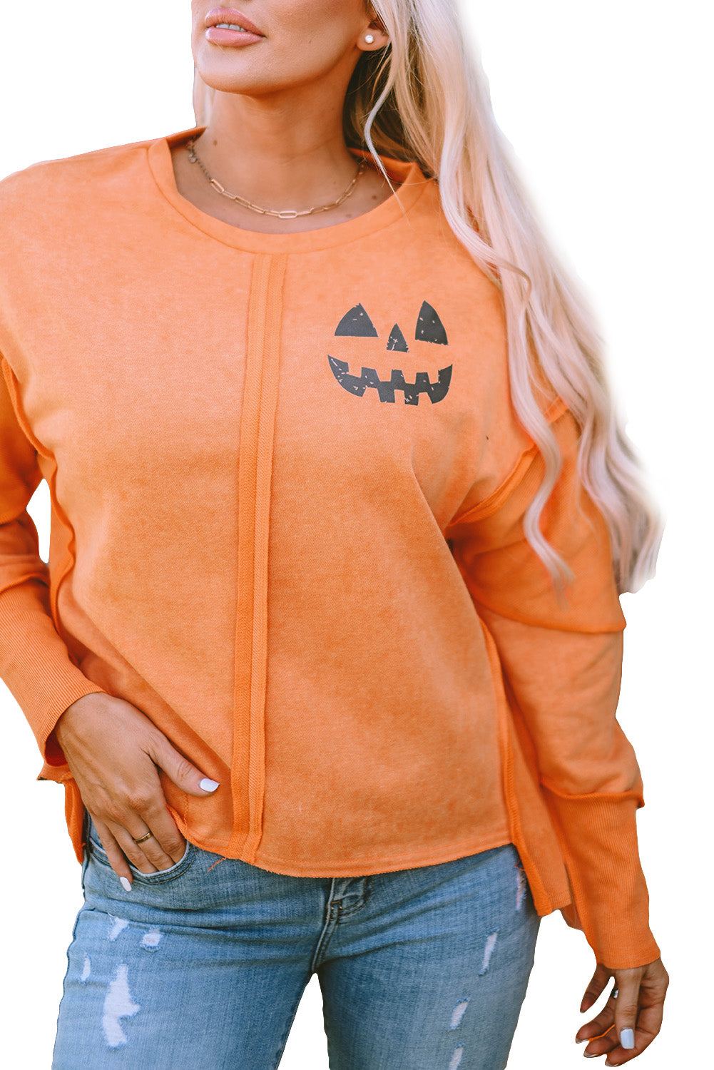 Orange Halloween Pumpkin Face Exposed Seam Patchwork Sweatshirt Graphic Sweatshirts JT's Designer Fashion