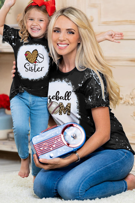 Black Baseball Mom Leopard Printed T-Shirt Black 95%Polyester 5%Elastane Family T-shirts JT's Designer Fashion