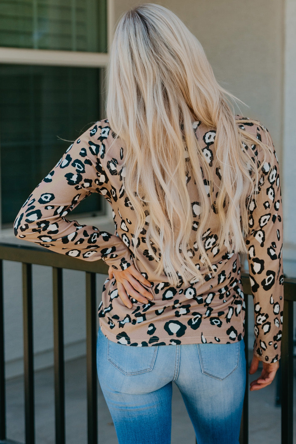 Leopard Print Lace Trim V Neck Top Long Sleeve Tops JT's Designer Fashion
