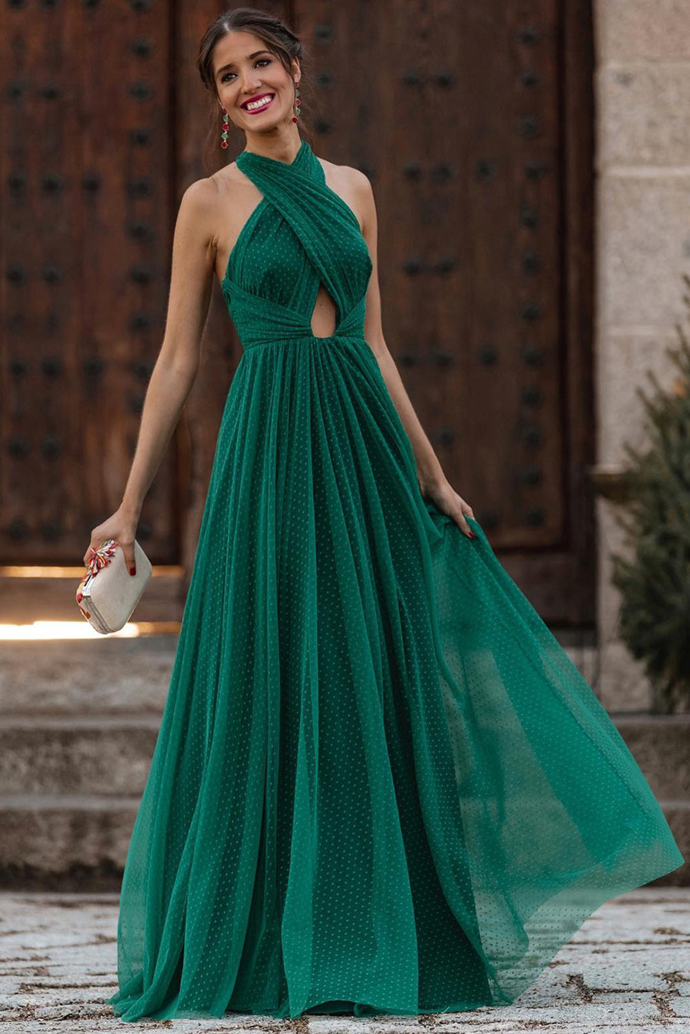 Green Polka Dot Criss Cross Halter Neck Prom Dress Maxi Dresses JT's Designer Fashion