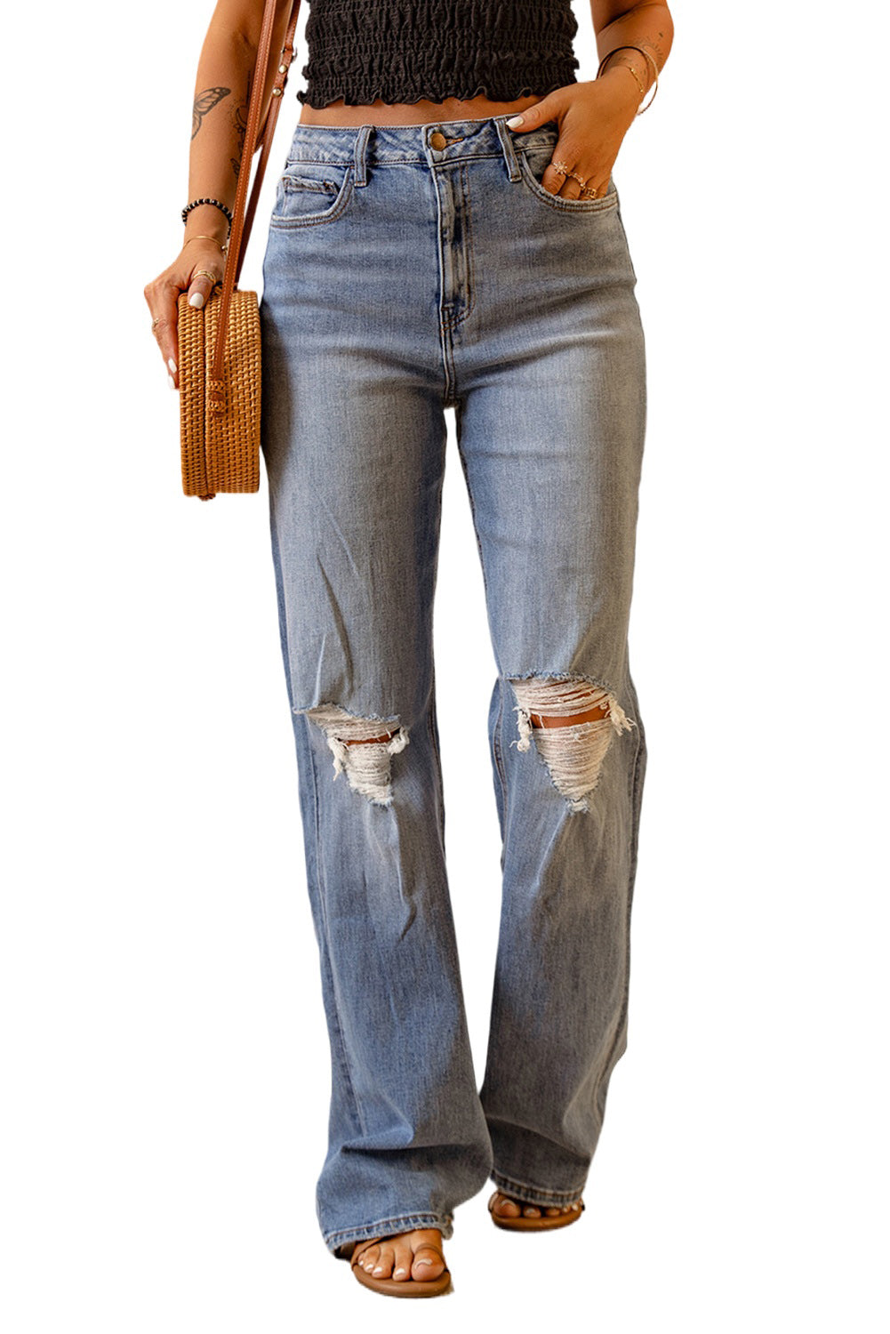 Sky Blue Distressed Ripped Knee Straight High Waist Jeans Jeans JT's Designer Fashion