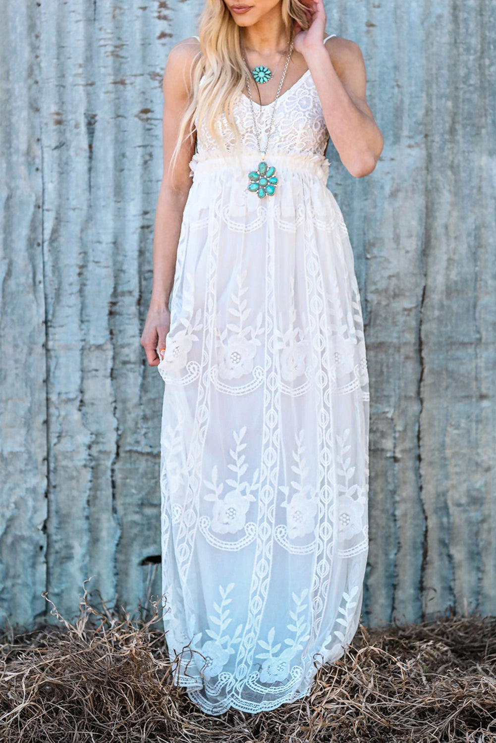 White Contrast Lace Backless Spaghetti Strap Maxi Dress White 100%Polyester Maxi Dresses JT's Designer Fashion