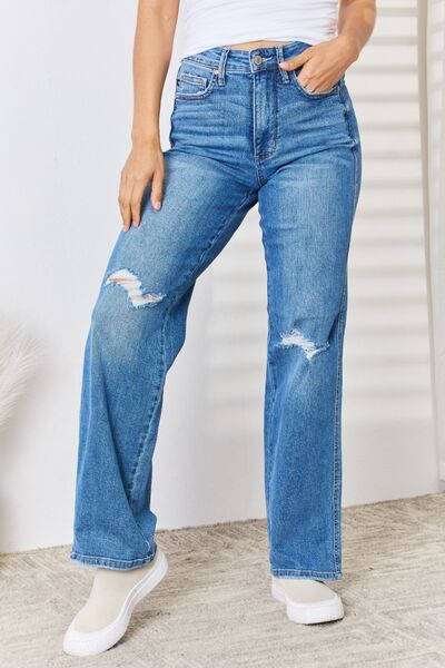 Judy Blue Full Size High Waist Distressed Straight-Leg Jeans Medium Jeans JT's Designer Fashion