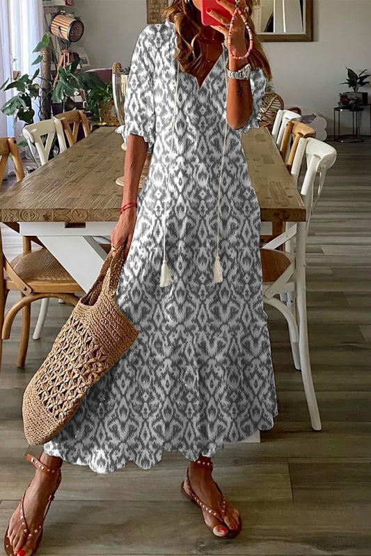 Gray Sky Blue V Neck Casual Geometric Print Maxi Dress Dresses JT's Designer Fashion