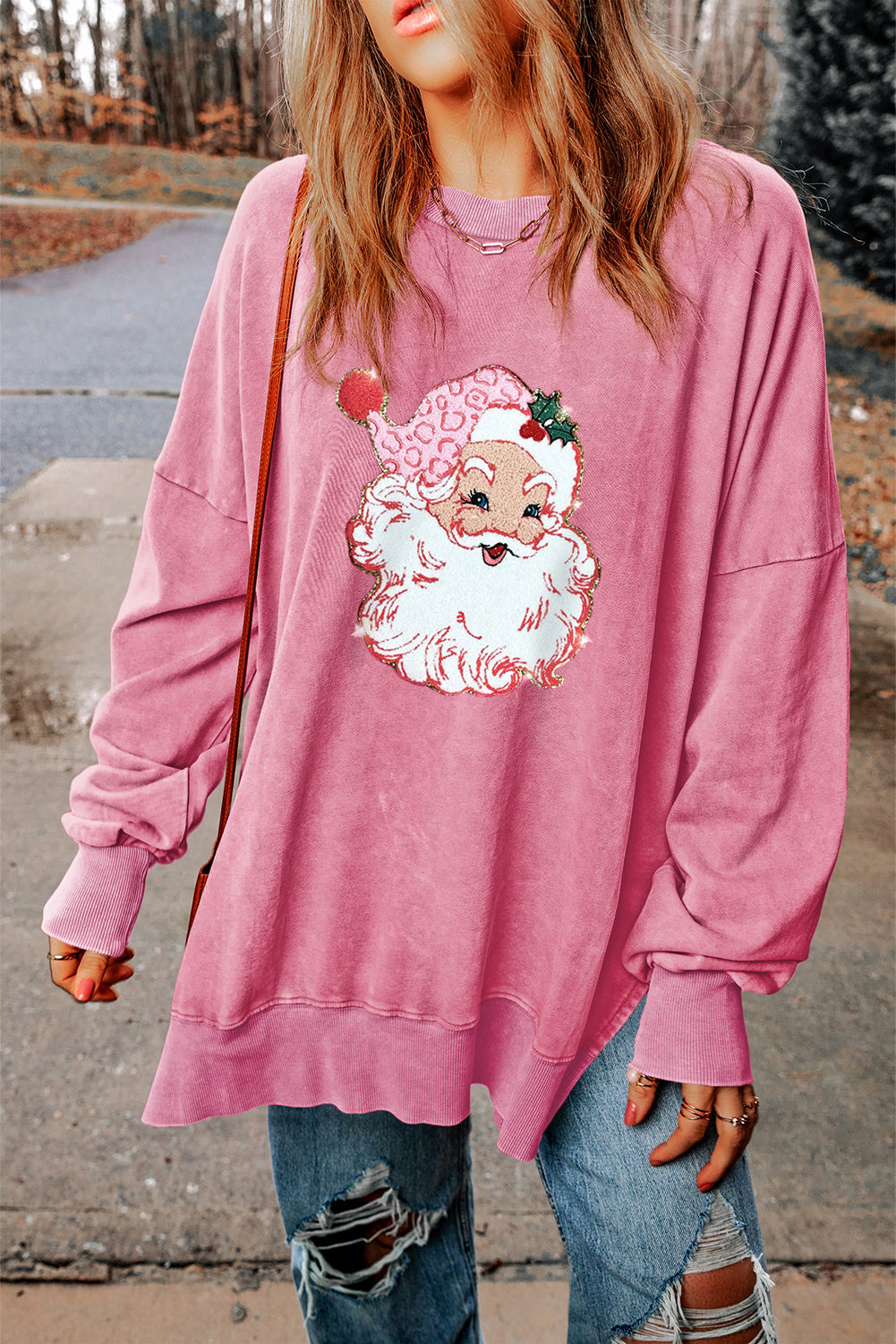 Barbie Style Pink Santa Claus Graphic Drop Shoulder Split Sweatshirt Pink 75%Polyester+25%Cotton Graphic Sweatshirts JT's Designer Fashion