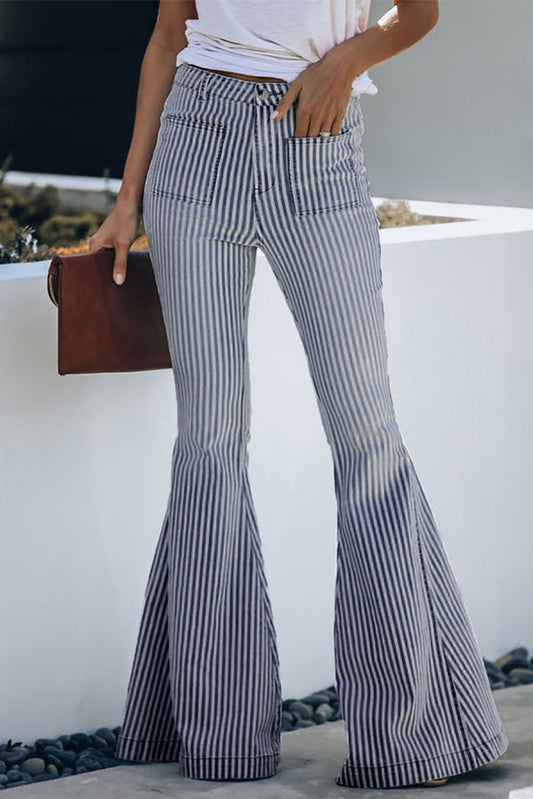 Pocketed Striped Bell Bottom Denim Pants Sky Blue Jeans JT's Designer Fashion