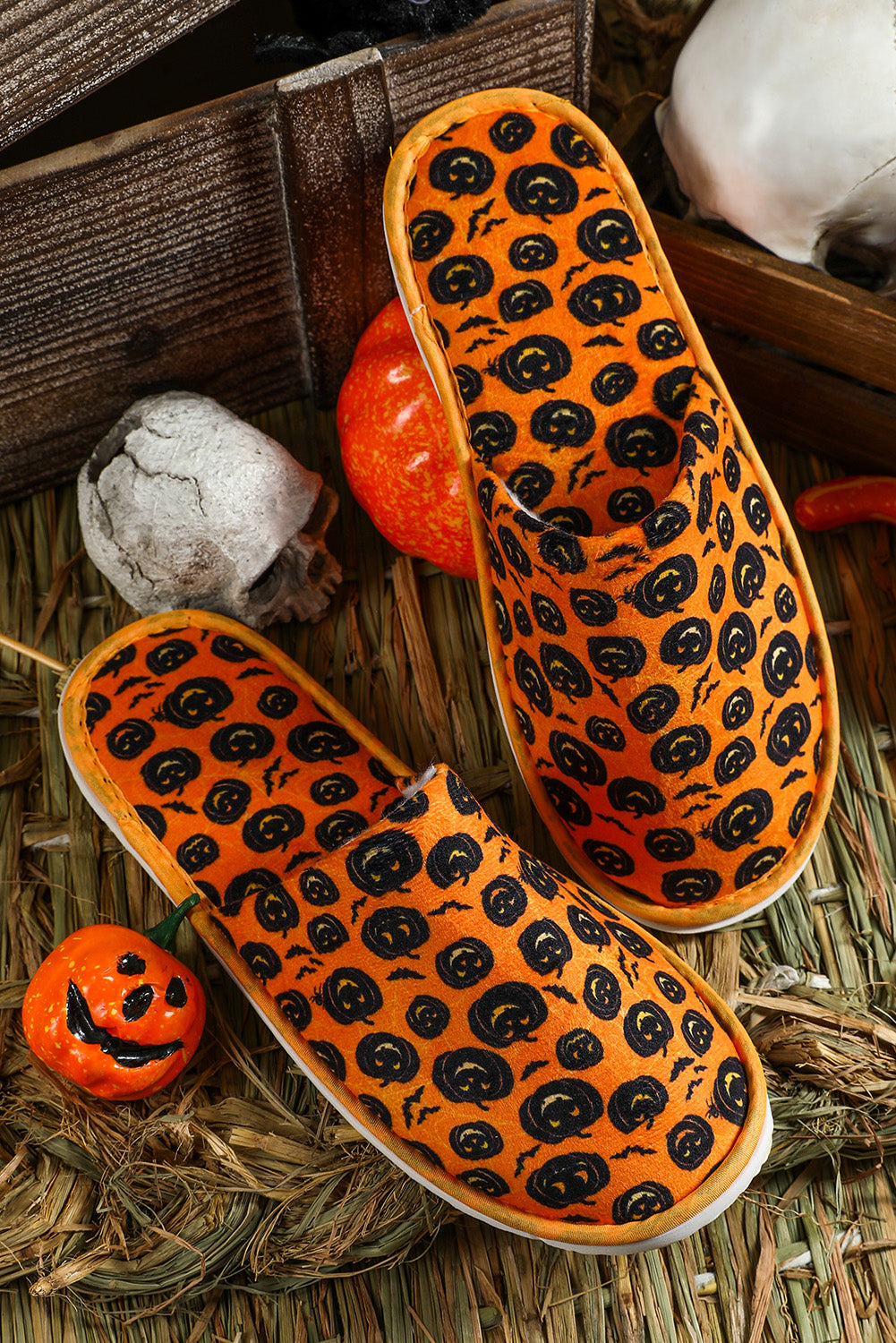 Yellow Halloween Pumpkin Printed Cozy Winter Slippers Slippers JT's Designer Fashion