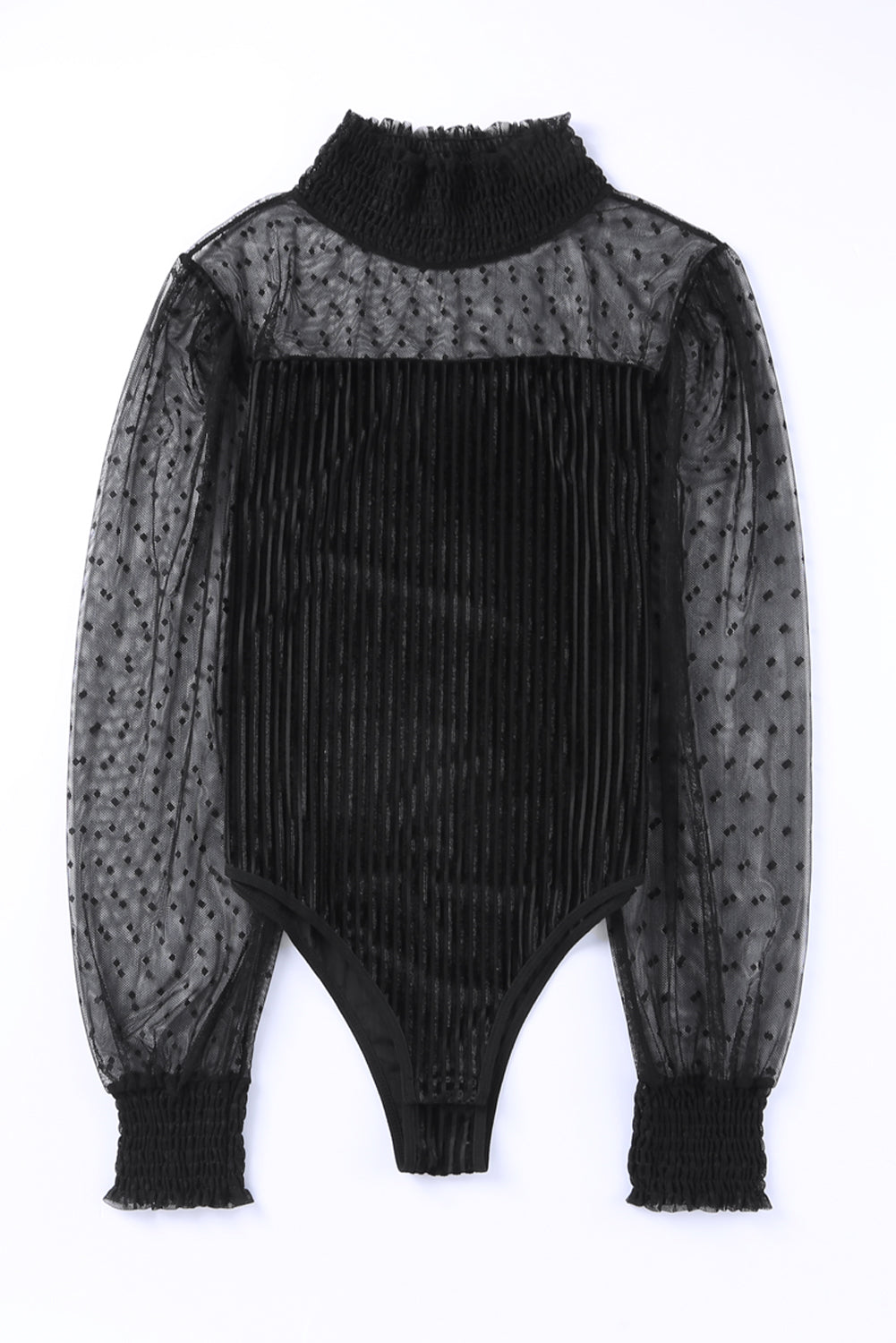 Black Sheer Dotty Long Sleeve Ribbed Velvet Bodysuit Bodysuits JT's Designer Fashion