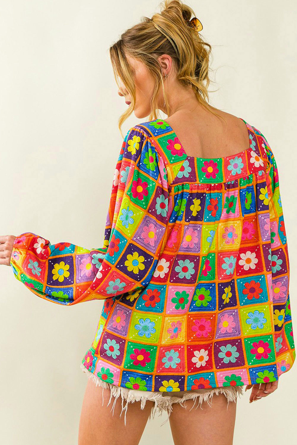 Multicolor Floral Crochet Square Neck Puff Sleeve Blouse Blouses & Shirts JT's Designer Fashion