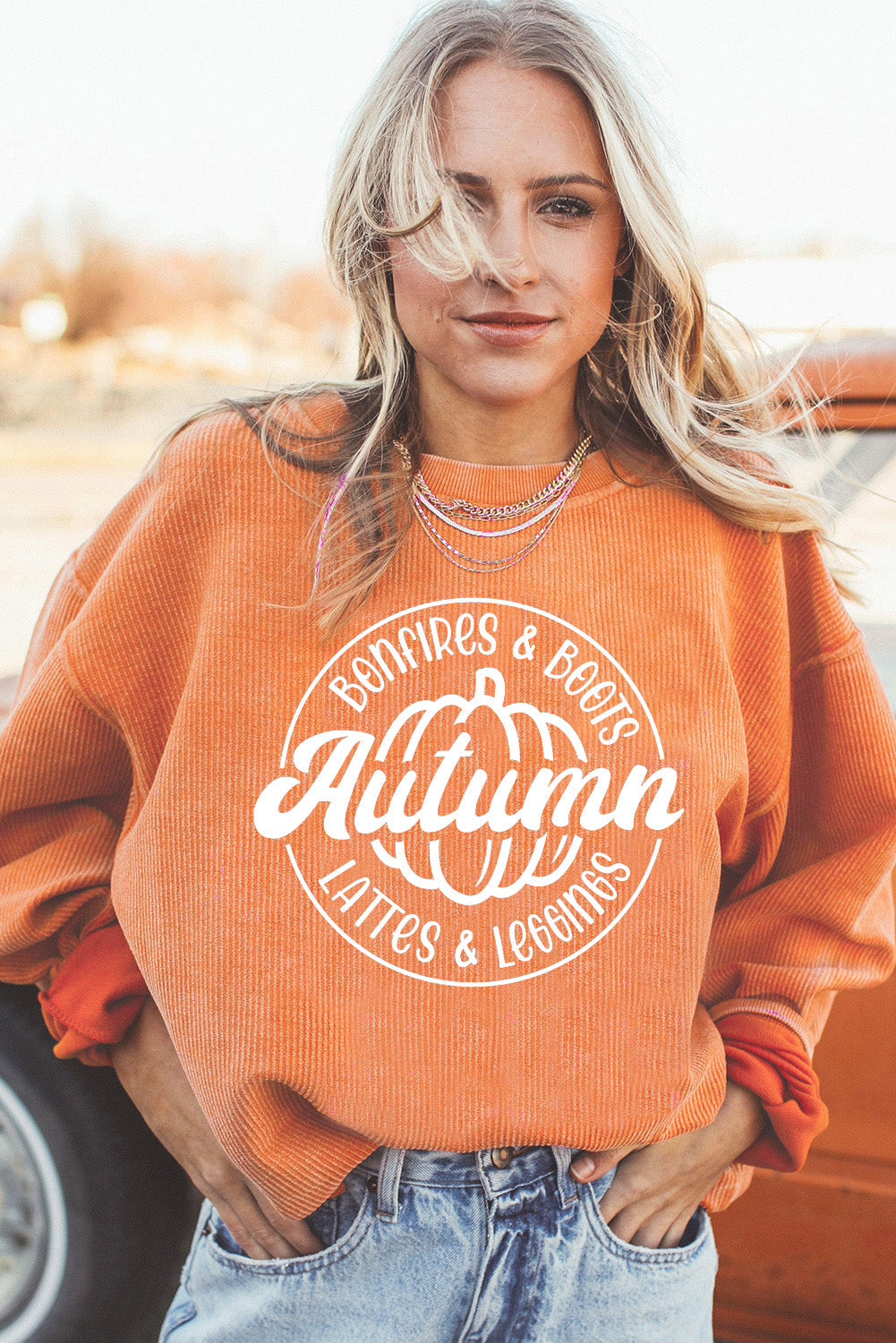Orange Autumn Pumpkin Graphic Print Corded Oversized Sweatshirt Graphic Sweatshirts JT's Designer Fashion