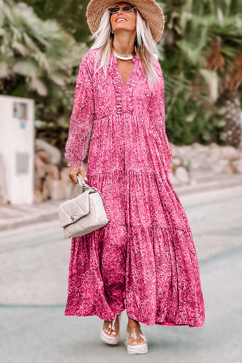 Barbie Style Pink Bohemian Print Long Sleeve Tiered Maxi Dress Dresses JT's Designer Fashion