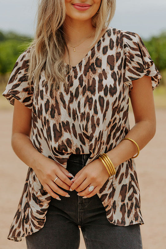 Brown Flutter Sleeves Leopard/Abstract Print V Neck Top Blouses & Shirts JT's Designer Fashion