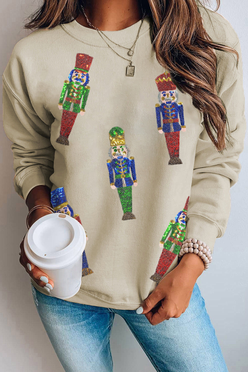 Khaki Sequined Nutcracker Doll Casual Sweatshirt Khaki 70%Polyester+30%Cotton Graphic Sweatshirts JT's Designer Fashion