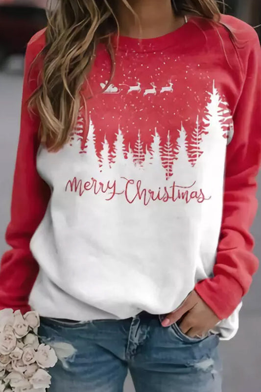 Red Merry Christmas Reindeer Tree Graphic Pullover Sweatshirt Tops & Tees JT's Designer Fashion