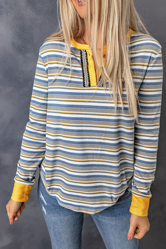 Striped Knit Button Neck Long Sleeve Top Long Sleeve Tops JT's Designer Fashion