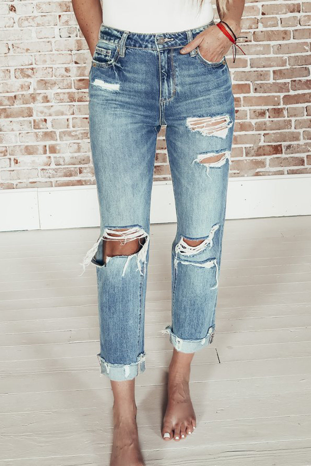 Distressed Straight Leg High Waist Jeans Sky Blue Jeans JT's Designer Fashion