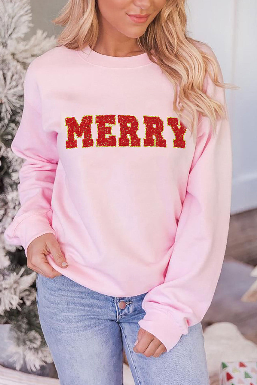 Pink MERRY Graphic Pullover Sweatshirt Graphic Sweatshirts JT's Designer Fashion
