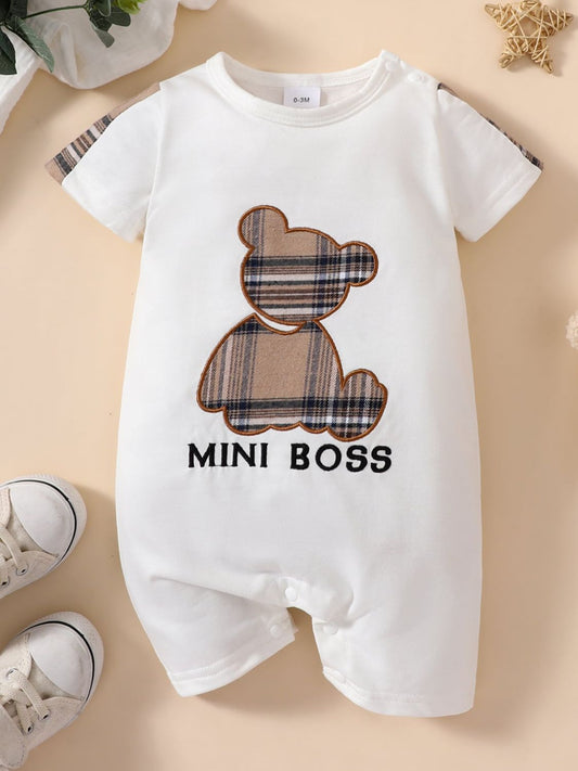 Baby MINI BOSS Bear Graphic Short Sleeve Jumpsuit White Baby JT's Designer Fashion