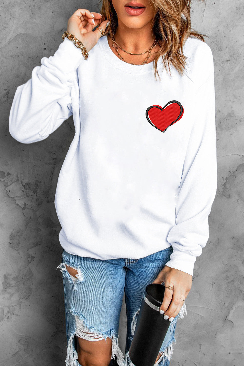 White Heart Shaped Embroidered Pullover Sweatshirt Graphic Sweatshirts JT's Designer Fashion