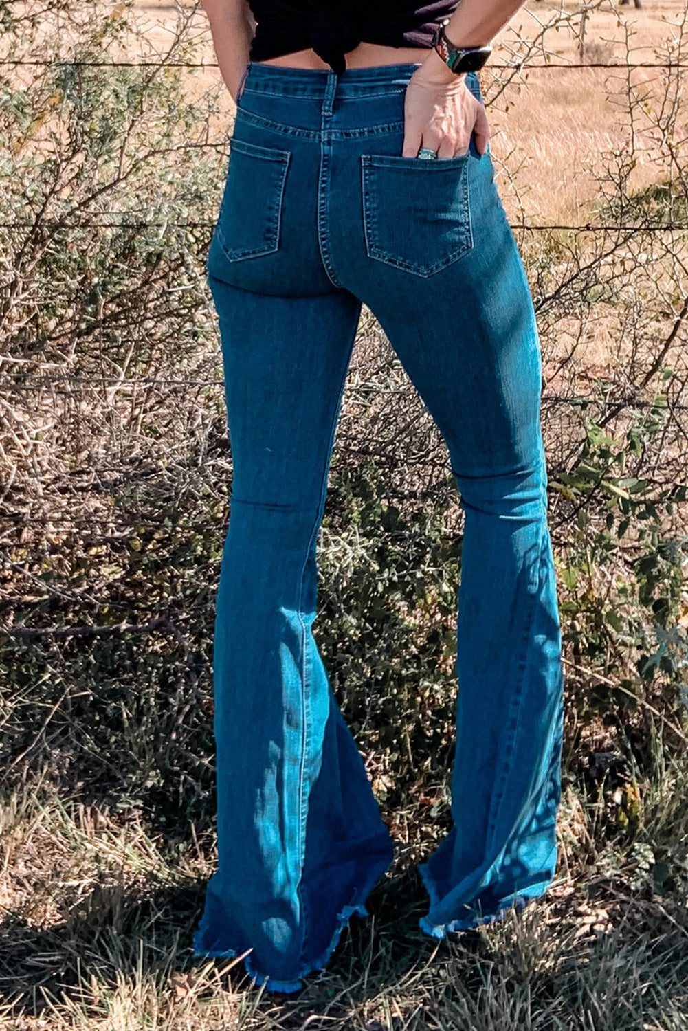Blue Asymmetrical Dark Wash Bell Bottom Jeans Jeans JT's Designer Fashion