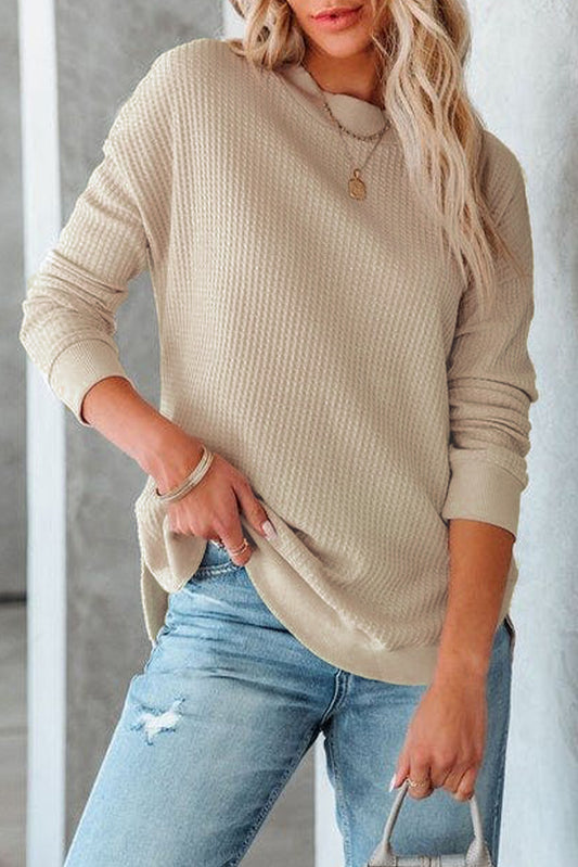 Apricot Crew Neck Ribbed Trim Waffle Knit Top Apricot 62.7%Polyester+37.3%Cotton Long Sleeve Tops JT's Designer Fashion