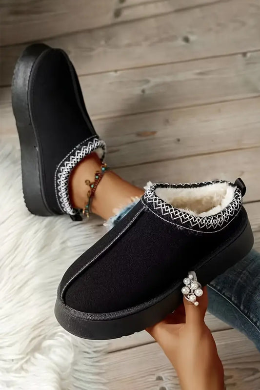 Black Suede Contrast Print Round Toe Plush Lined Flats Women's Shoes JT's Designer Fashion