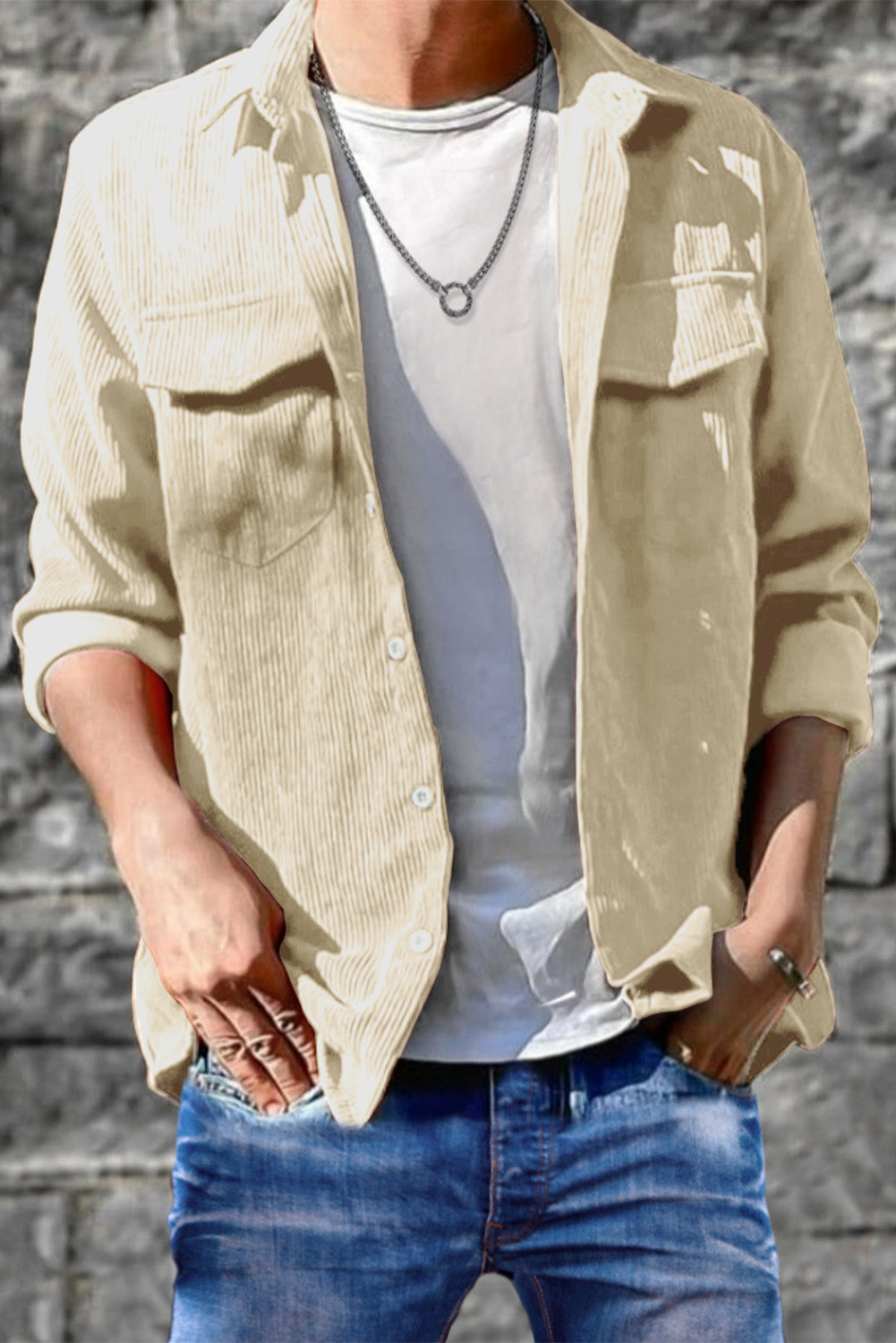 Apricot Men Corduroy Flap Pocket Button Front Shirt Apricot 100%Polyester Men's Tops JT's Designer Fashion
