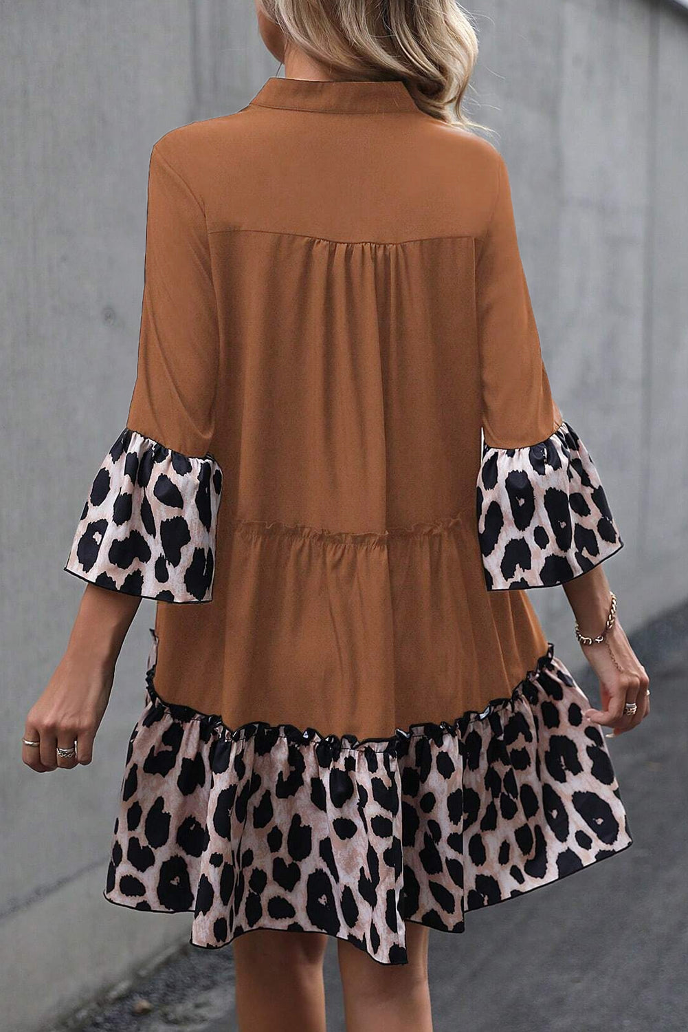 Chestnut Leopard Trim V Neck Ruffled Sleeve Flared Dress Pre Order Dresses JT's Designer Fashion