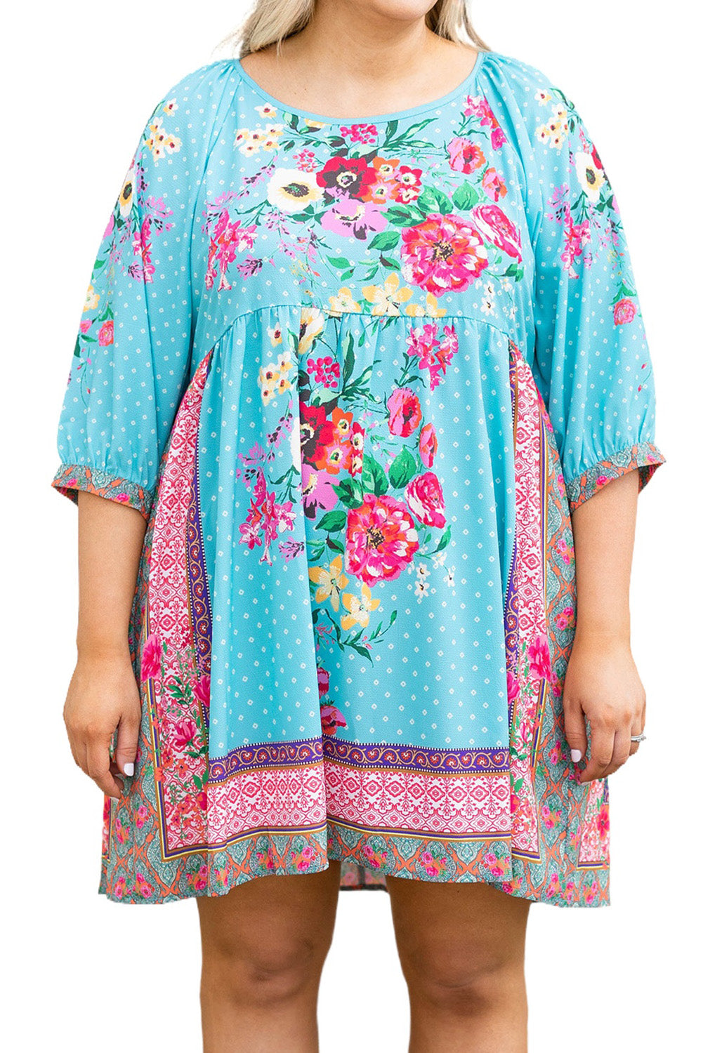 Sky Blue Mix Boho Floral Print Plus Size Mini Babydoll Dress Plus Size Dresses JT's Designer Fashion