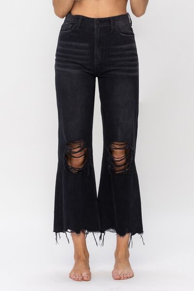 Vervet by Flying Monkey Vintage Ultra High Waist Distressed Crop Flare Jeans Black Jeans JT's Designer Fashion