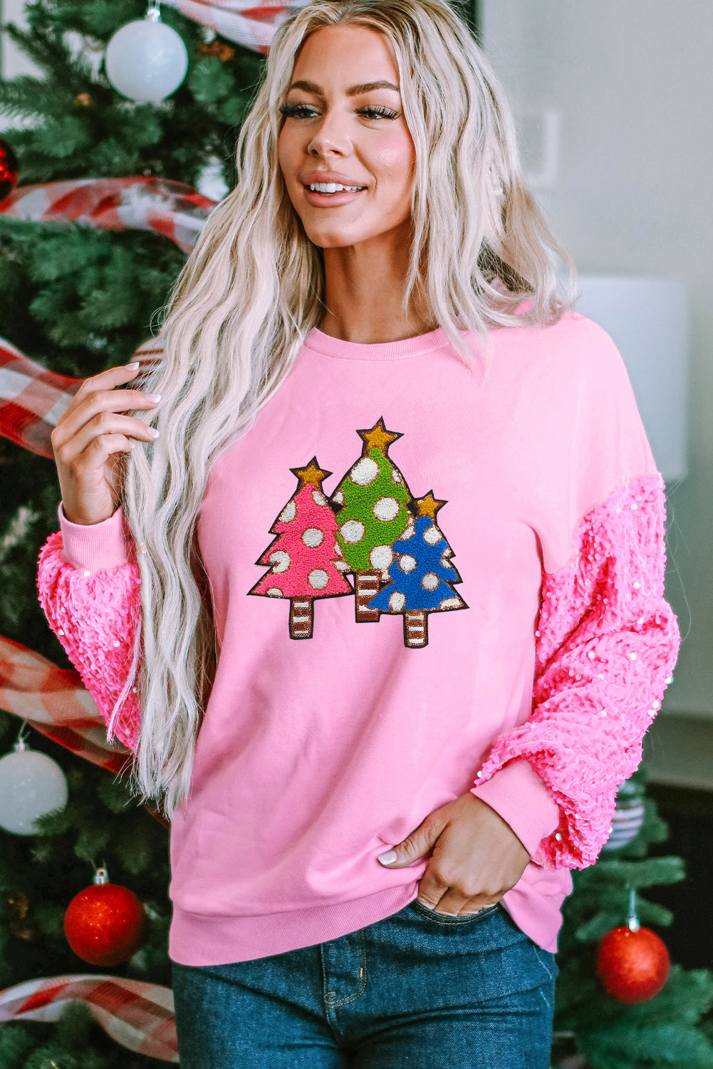 Pink Sequined Sleeve Christmas Tree Graphic Sweatshirt Pink 65%Polyester+35%Cotton Graphic Sweatshirts JT's Designer Fashion