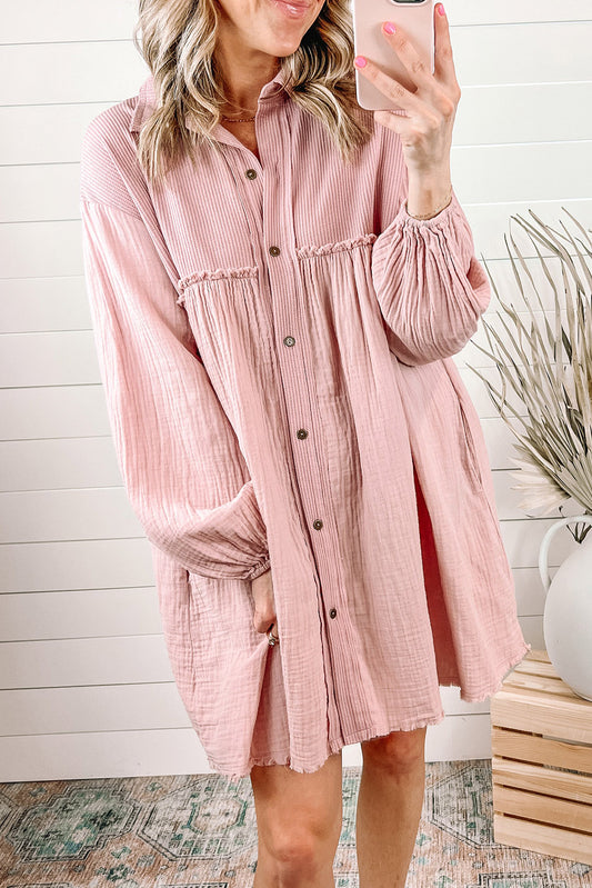 Pink Patchwork Crinkle Puff Sleeve Shirt Dress Dresses JT's Designer Fashion