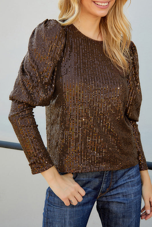 Brown Puff Sleeve Sequin Top Brown 95%Polyester+5%Elastane Long Sleeve Tops JT's Designer Fashion