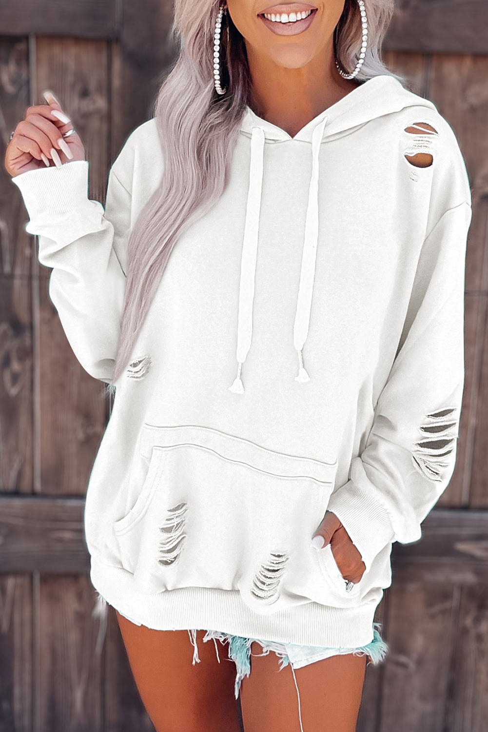 White Solid Ripped Hooded Sweatshirt with Kangaroo Pocket White 62.7%Polyester+37.3%Cotton Sweatshirts & Hoodies JT's Designer Fashion