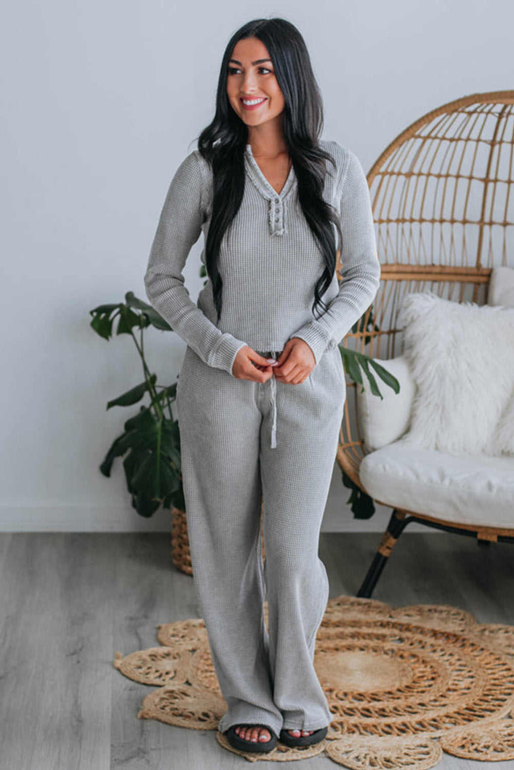 Light Grey Mineral Washed Frayed Henley Top 2pcs Pants Outfit Loungewear JT's Designer Fashion