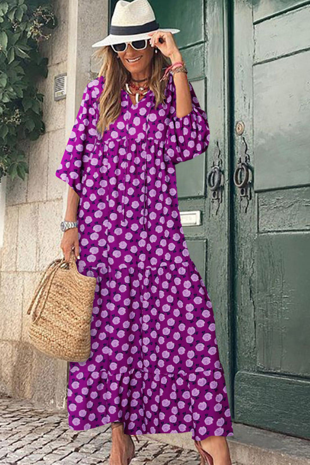Purple Boho Printed Puff Sleeve Maxi Dress Dresses JT's Designer Fashion