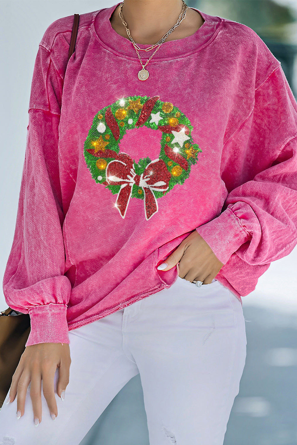 Rose Christmas Wreath Print Mineral Wash Crewneck Sweatshirt Rose 75%Polyester+25%Cotton Graphic Sweatshirts JT's Designer Fashion