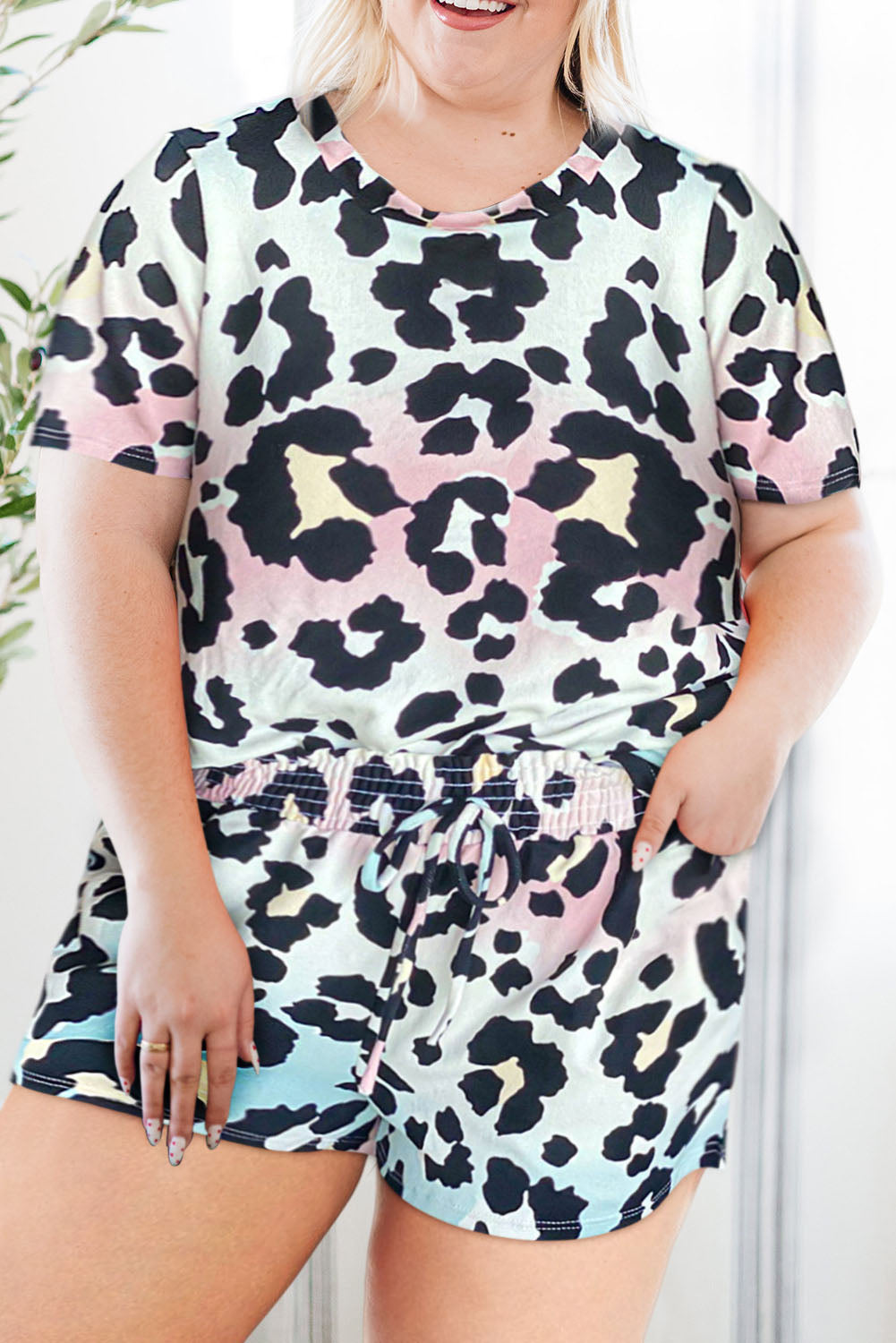 Leopard Tie Dye Print Short Sleeve Lace-up Waist Plus Size Lounge Set Plus Size JT's Designer Fashion