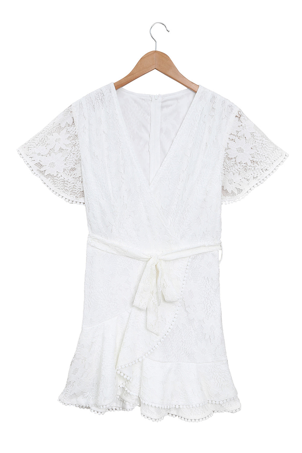 White Flutter Sleeve Wrap V Neck Floral Lace Short Dress Mini Dresses JT's Designer Fashion