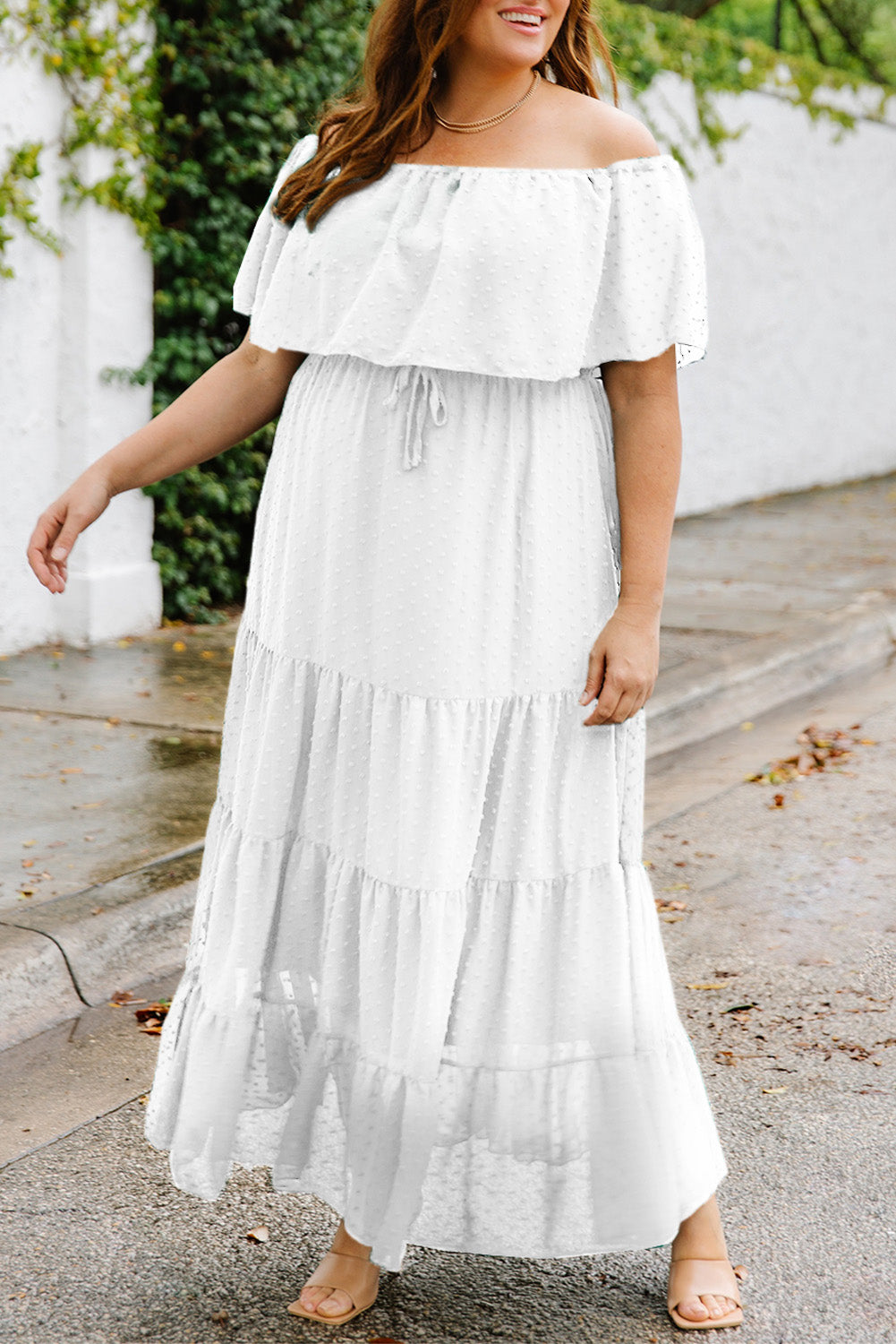 White Swiss Dot Plus Size Ruffle Tiered Maxi Dress Plus Size Dresses JT's Designer Fashion
