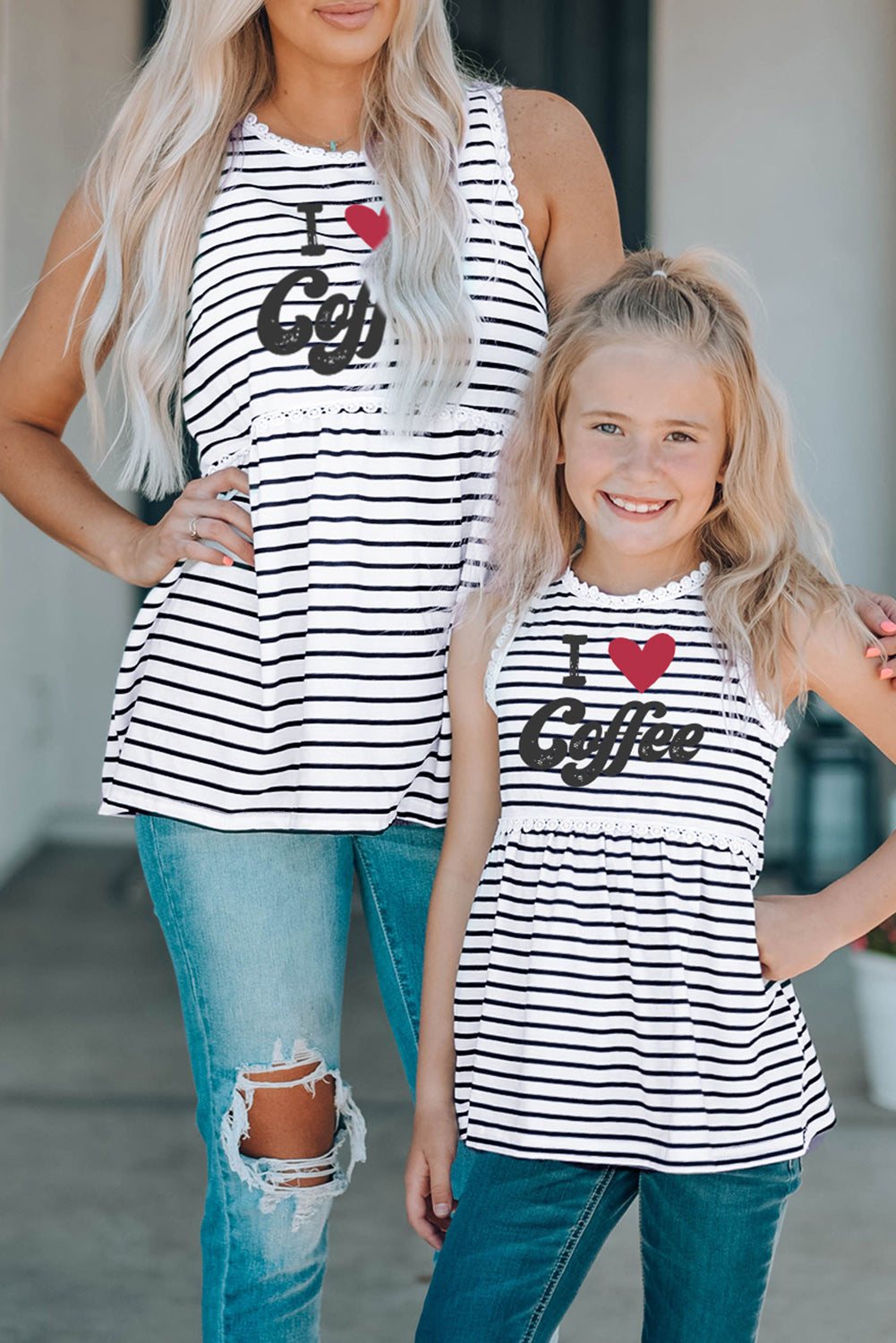 Family Matching I Love Coffee Heart Print Striped Girl's Tank Top Family T-shirts JT's Designer Fashion