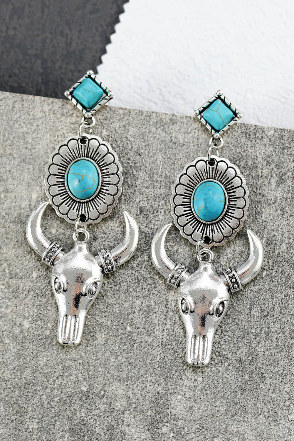 Silver Turquoise Gem Stone Flower Steer Head Boho Earrings Jewelry JT's Designer Fashion
