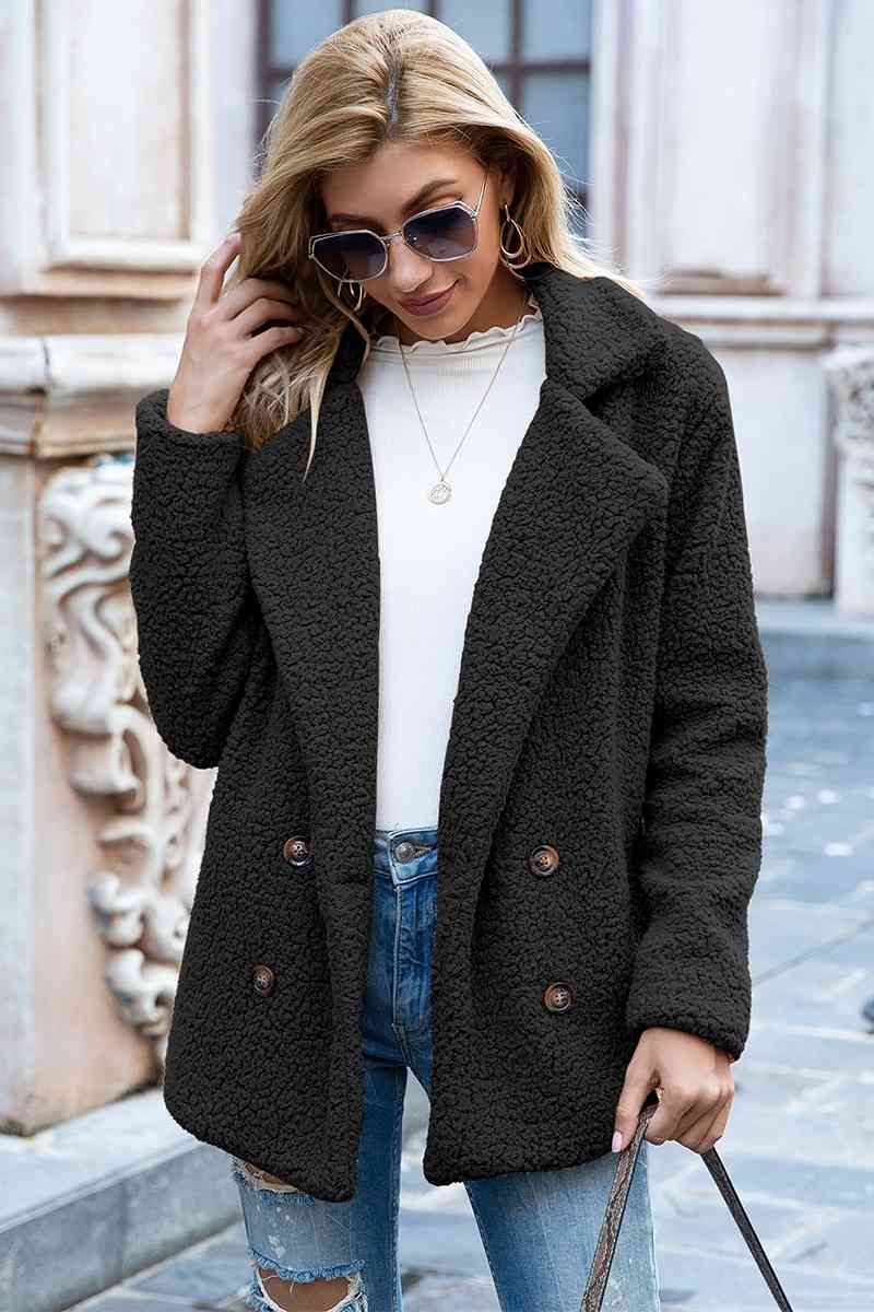 Full Size Lapel Collar Sherpa Coat Black Coats & Jackets JT's Designer Fashion