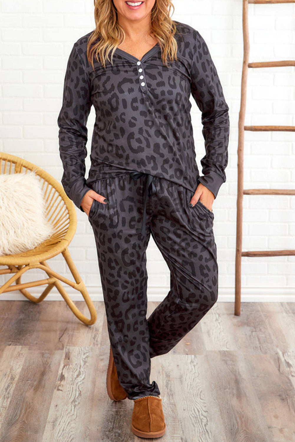 Black Plus Size Leopard Pajamas Set Plus Size JT's Designer Fashion
