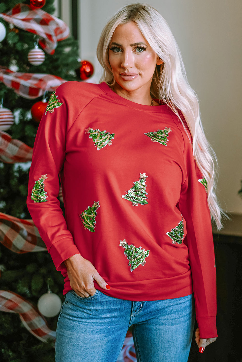 Fiery Red Sequined Christmas Tree Raglan Sleeve Sweatshirt Red 85%Polyester+10%Cotton+5%Elastane Graphic Sweatshirts JT's Designer Fashion
