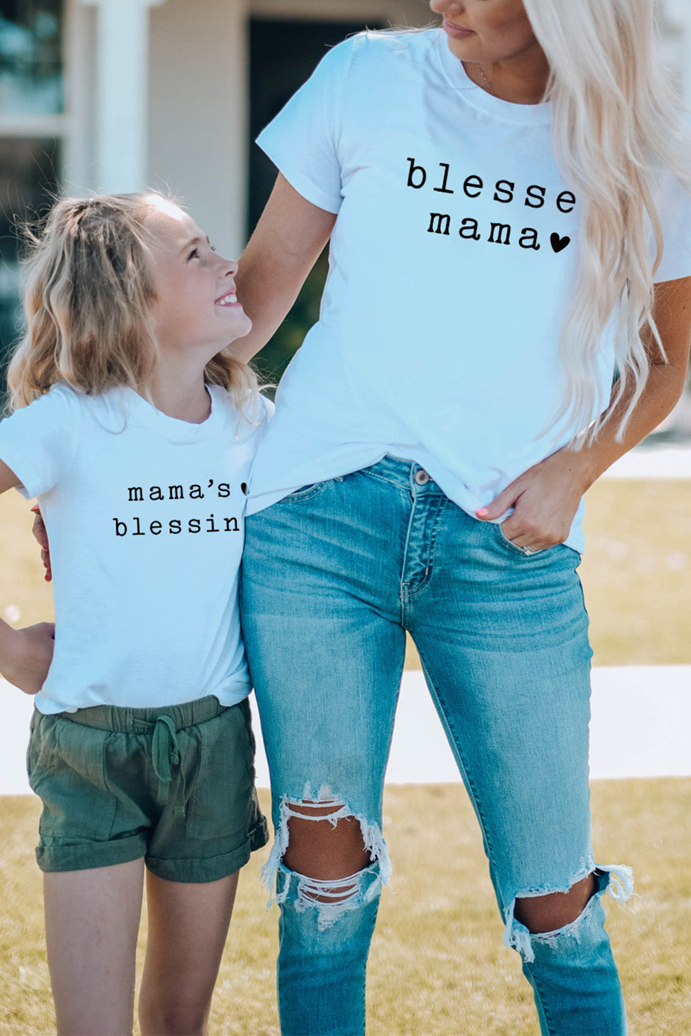 White Family Matching Blessed Mama Printed Short Sleeve T Shirt White 95%Cotton+5%Elastane Family T-shirts JT's Designer Fashion