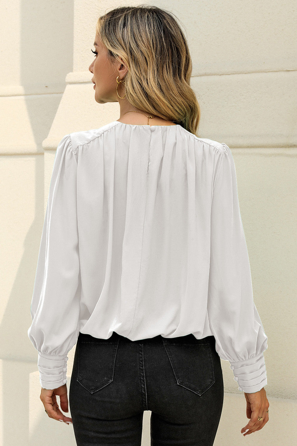 White Padded Shoulder Buttoned Cuffs Pleated Loose Blouse Tops & Tees JT's Designer Fashion