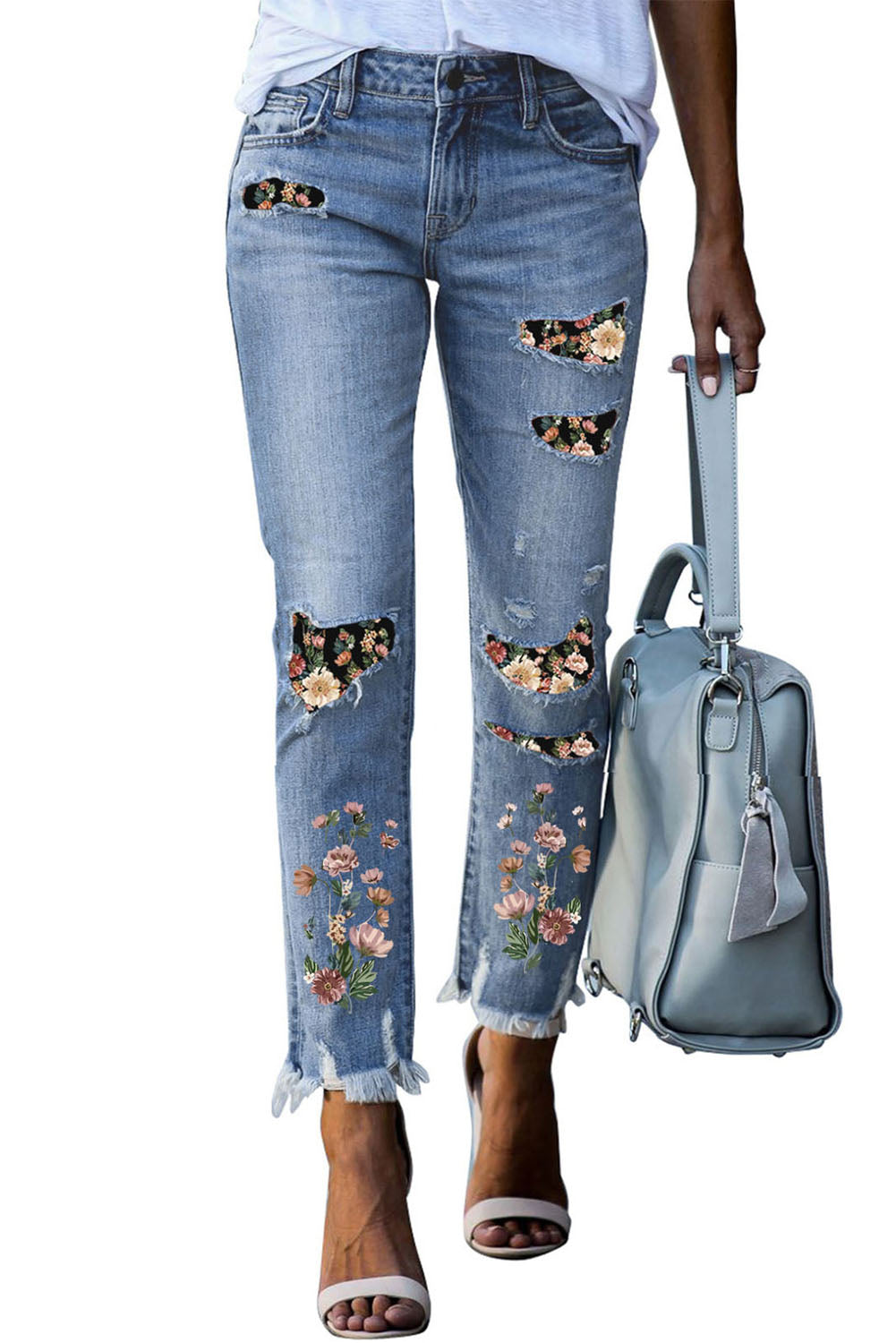 Sky Blue Printed Patch Ripped Skinny Jeans Jeans JT's Designer Fashion