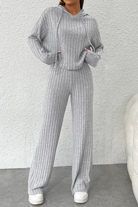 Gray Ribbed Knit Slouchy Hoodie Wide Leg Pants Set Bottoms JT's Designer Fashion