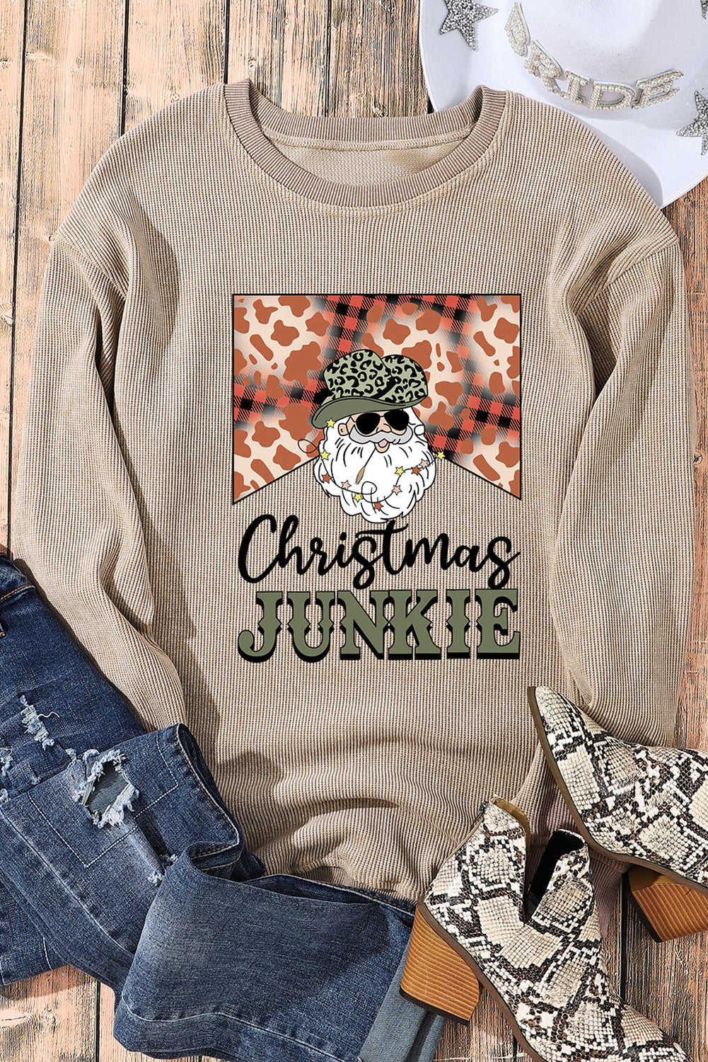 Khaki Christmas JUNKIE Print Crewneck Corded Sweatshirt Graphic Sweatshirts JT's Designer Fashion